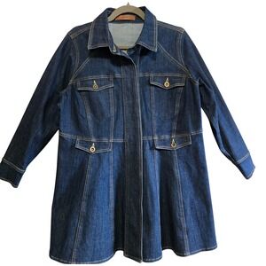 eShakti Womens XL Dark Wash Denim Fit & Flare Jacket Hidden Button Pockets NWOT